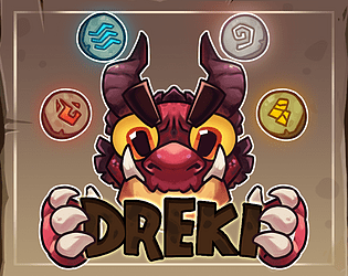 front view of a cartoon dragon head surrounded by 4 elemental orbs
            holding the word Dreki between its claws