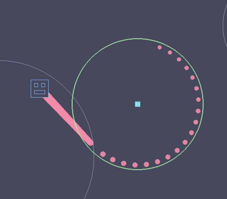 a simplistic representation of a face is show with a red trail behind it
            exiting orbit of a green colored circle with a small blue square in the middle