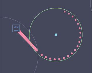 a simplistic representation of a face is show with a red trail behind it
            exiting orbit of a green colored circle with a small blue square in the middle